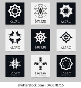 Vector round ornaments collection, logo icon label design elements set. Black and white symbols, stylized flowers. Abstract geometric floral shapes, line art.