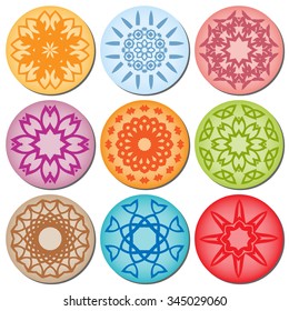 Vector round ornaments collection, logo icon label design elements set. Colorful symbols, stylized flowers. Abstract geometric floral shapes.