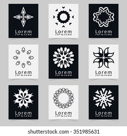 Vector round ornaments collection, logo icon label design elements set. Black and white isolated decorative symbols, stylized flowers. Abstract geometric floral shapes, line art.