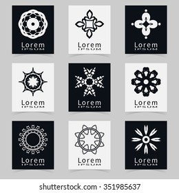 Vector round ornaments collection, logo icon label design elements set. Black and white isolated decorative symbols, stylized flowers. Abstract geometric floral shapes, line art.