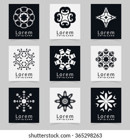 Vector round ornaments collection, logo icon label design elements set. Black and white isolated decorative symbols, stylized flowers. Abstract geometric floral shapes, line art.