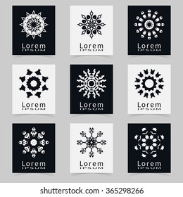 Vector round ornaments collection, logo icon label design elements set. Black and white isolated decorative symbols, stylized flowers. Abstract geometric floral shapes, line art.