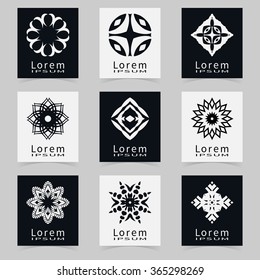 Vector round ornaments collection, logo icon label design elements set. Black and white isolated decorative symbols, stylized flowers. Abstract geometric floral shapes, line art.