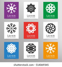 Vector round ornaments collection, logo icon label emblem design elements set. Isolated decorative signs symbols, stylized flowers, stars, spirals, snowflakes. Geometric floral shapes