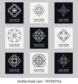 Vector round ornaments collection, logo icon label design elements set. Black and white isolated decorative symbols, stylized flowers. Abstract geometric floral shapes, line art.