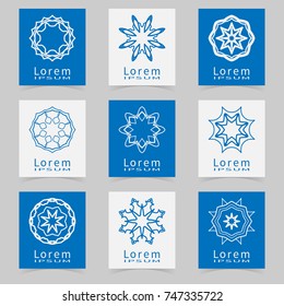 Vector round ornaments collection, logo icon label design elements set. Blue and white isolated decorative symbols, stylized flowers. Abstract geometric floral shapes, line art.