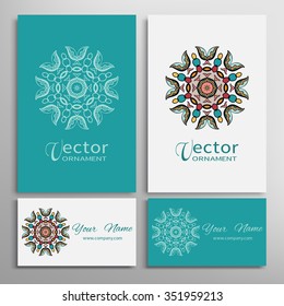 Vector round ornaments collection with mandala circular pattern, business cards set. Decorative elements for logo, icon or invitation card design. Isolated tribal ethnic motif