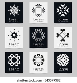 Vector round ornaments collection, stylized flowers. Black and white symbols, design elements set.  Abstract geometric shapes for logo, icon, label design