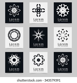 Vector round ornaments collection, stylized flowers. Black and white symbols, design elements set.  Abstract geometric shapes for logo, icon, label design