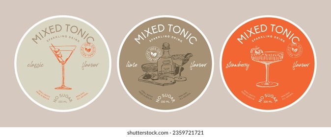 Vector round packaging label design template collection with beverage illustrations