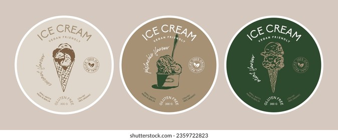 Vector round packaging label design template collection with ice cream illustrations