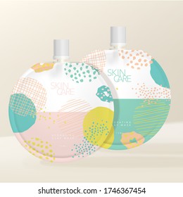 Vector Round Packet with White Screw Cap, Pastel Abstract Pattern Printed. Packaging Mockup for Face Mask, Body Lotion, Body Wash, Seasoning & Sauce.