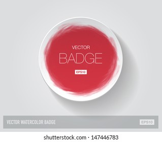 Vector round paper badge hand painted with red watercolor