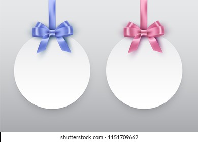Vector round paper banners. White post note with pink and blue ribbons and bows isolated on transparent background.