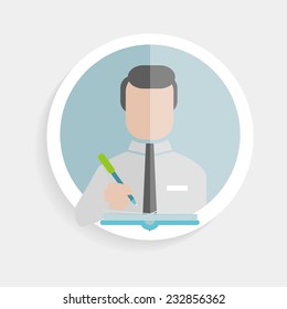 Vector round paper icon successful man writing pen in a notebook in a flat design style for business, teaching in school or college, work, market research, finding the right decisions