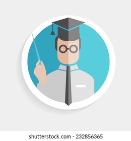 Vector round paper icon successful man researcher with pointer, square academic cap flat design style for business, teaching school or college, work, market research, search right decisions