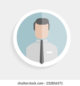 Vector round paper icon successful man in shirt and tie in a flat design style business, teaching in school or college, work, market research, search for the right decisions