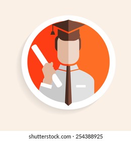 Vector round paper icon successful man researcher with degree, square academic cap flat design style for business, teaching school or college, work, market research, search right decisions