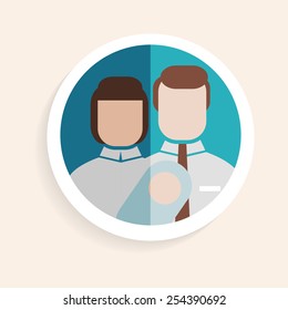 Vector round paper icon successful husband, wife, child, happy family in flat design style for business, research, teaching school or college, work, market, search right decisions