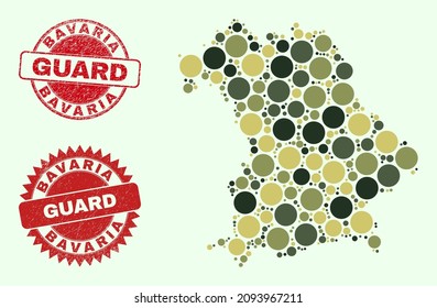 Vector round parts collage Bavaria Land map in camo hues, and textured stamp imitations for guard and military services. Round red stamps contain word GUARD inside.