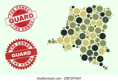 Vector round parts collage Democratic Republic of the Congo map in khaki colors, and grunge seals for guard and military services. Round red watermarks contain phrase GUARD inside.