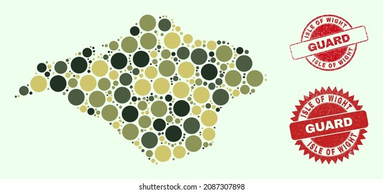 Vector round parts collage Isle of Wight map in camo colors, and rubber stamp prints for guard and military services. Round red watermarks contain phrase GUARD inside.