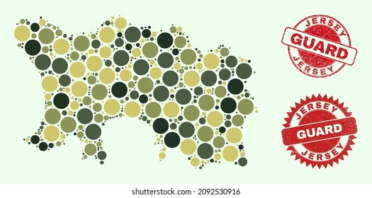 Vector round parts collage Jersey Island map in khaki colors, and dirty stamp imitations for guard and military services. Round red imprints include phrase GUARD inside.