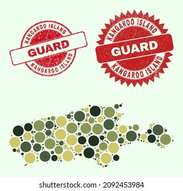 Vector round parts collage Kangaroo Island map in camo colors, and grunge seals for guard and military services. Round red imprints have word GUARD inside.