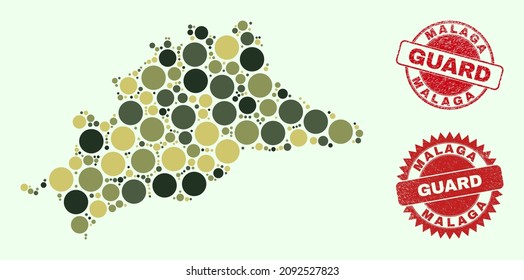 Vector round parts collage Malaga Province map in camouflage colors, and grunge seals for guard and military services. Round red seals have phrase GUARD inside.
