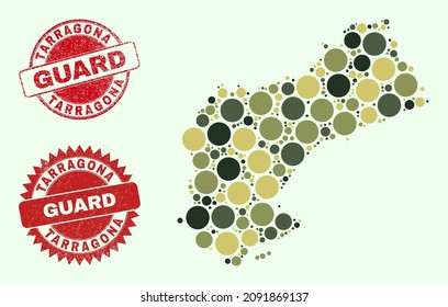 Vector round parts collage Tarragona Province map in khaki colors, and textured stamp imitations for guard and military services. Round red stamps include word GUARD inside.