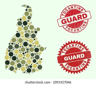 Vector round parts collage Tocantins State map in camo hues, and corroded stamp seals for guard and military services. Round red watermarks contain phrase GUARD inside.