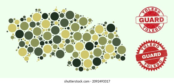 Vector round parts collage Toledo Province map in khaki hues, and dirty stamp prints for guard and military services. Round red imprints include word GUARD inside.