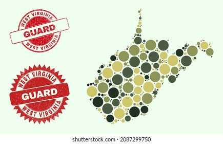 Vector round parts collage West Virginia State map in camo hues, and unclean stamp prints for guard and military services. Round red stamp seals have phrase GUARD inside.