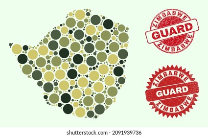 Vector round parts collage Zimbabwe map in camo colors, and corroded stamp seals for guard and military services. Round red seals include word GUARD inside.