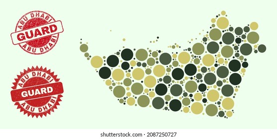 Vector round parts composition Abu Dhabi Emirate map in camo hues, and corroded stamp seals for guard and military services. Round red imprints have phrase GUARD inside.