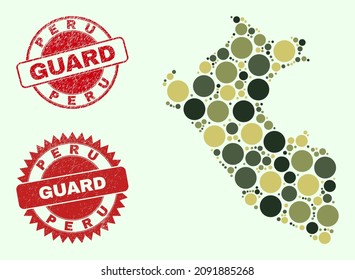 Composición de piezas redondeadas vectoras Mapa del Perú en tonos de camo y marcas de agua texturadas para servicios de guardia y militares. Las marcas de agua rojas redondas incluyen la palabra GUARD dentro.