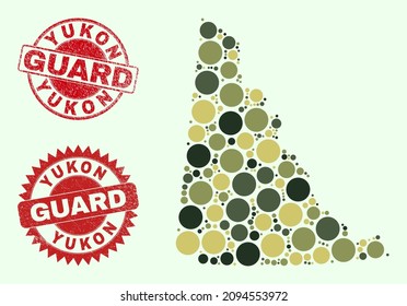 Vector round parts composition Yukon Province map in khaki colors, and textured stamp imitations for guard and military services. Round red stamp seals include phrase GUARD inside.