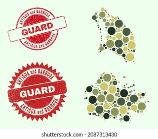 Vector round parts mosaic Antigua and Barbuda map in camouflage hues, and unclean badges for guard and military services. Round red stamps contain word GUARD inside.