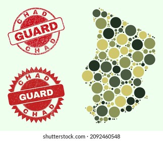 Vector round parts mosaic Chad map in camouflage hues, and dirty stamp imitations for guard and military services. Round red seals have phrase GUARD inside.