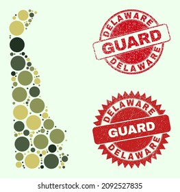 Vector round parts mosaic Delaware State map in khaki hues, and textured stamp seals for guard and military services. Round red stamp seals contain phrase GUARD inside.