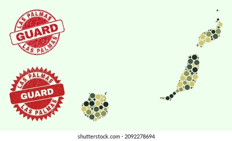 Vector round parts mosaic Las Palmas Province map in camo hues, and grunge stamp seals for guard and military services. Round red stamp seals include phrase GUARD inside.