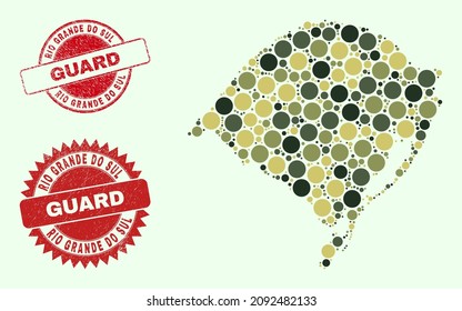 Partes vectoriales redondeadas mosaicos del mapa del estado de Rio Grande do Sul en colores de camuflaje, y imitaciones rayadas de sellos para los servicios de guardia y militares. Los sellos de sellos rojos redondos contienen la palabra GUARD dentro.