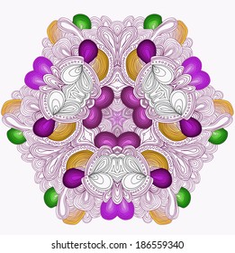 Vector round pattern with colored details. Lined tracery.