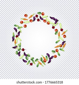 Vector round pattern with colorful tasty eco friendly vegetables. Healthy food and lifestyle design. Vegetarian healthy food. Perfect for design packages, menu of vegetarian restaurants, wallpapers
