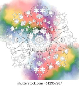 Vector round pattern. Ornament of aquilegia. Multicolor aquarell background. 