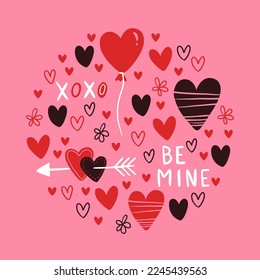 Vector round pattern with red and pink hearts, balloon. Freehand doodle drawing for valentines day. Can be used on packaging paper, fabric, background for different images, etc.