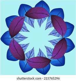 Vector round pattern with two lines of colored leaves. Symmetry circle. foliage