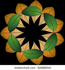 Vector round pattern with two lines of colored green and yellow leaves on black background. Symmetry circle. Foliage.