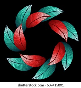 Vector round pattern with two lines of colored red and blue leaves. Symmetry circle. Foliage