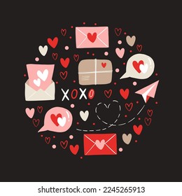Vector round pattern for Valentines Day. Heart, envelope, parcel, paper plane. Doodle illustration for wallpaper, fill web page background, surface textures